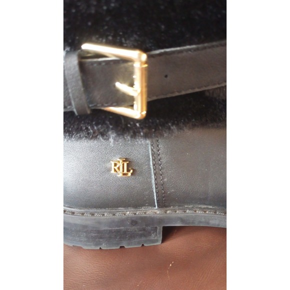 Lauren Ralph Lauren Leather Black Fur Logo Boots Booties 9.5 EUC Gold Hardware - Picture 6 of 8